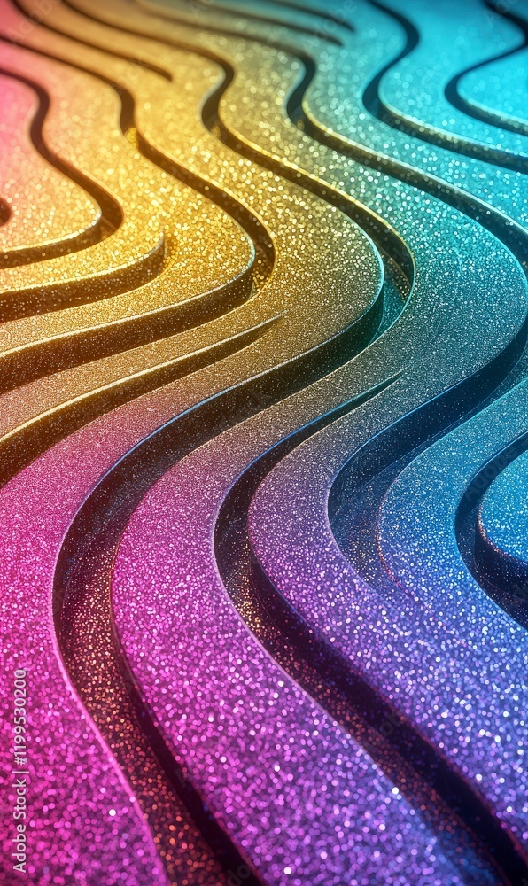 Poster colorful waves of glittering texture with flowing patterns in vibrant rainbow hues and depth effects