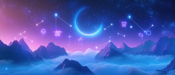 Fototapeta premium Celestial landscape featuring a glowing moon and mystical symbols in a vibrant purple atmosphere