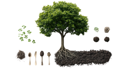 Isolated tree with roots, dirt, and gardening tools showcasing the connection between nature and cultivation.