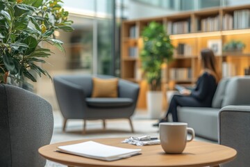 Modern and serene psychological consultation room, designed in calming neutral tones with soft lighting. A comfortable armchair and a cozy sofa are arranged for an intimate and supportive setting.
