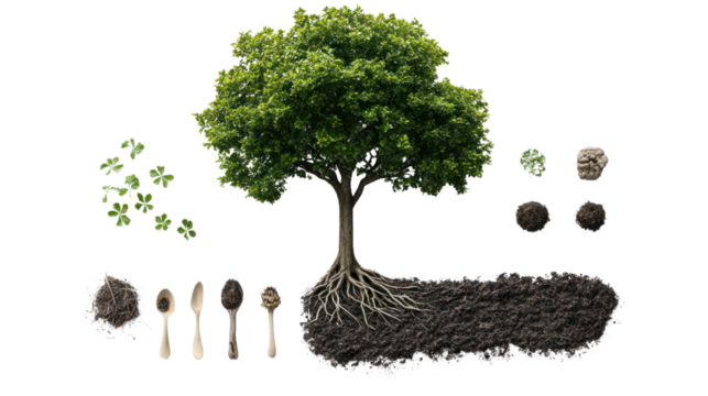 Isolated tree with roots, dirt, and gardening tools showcasing the connection between nature and cultivation.