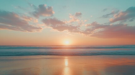 Golden Sunset Over Idyllic Tropical Beach with Gentle Waves, Soft Sand, and Vibrant Sky, Evoking Serenity and Natural Beauty
