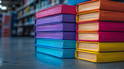 Colorful stacked books on a library shelf inviting readers to explore diverse genres and subjects late in the afternoon. Generative AI