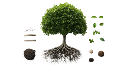 A detailed illustration of a tree showcasing its roots, soil, and various leaves, ideal for environmental and educational themes.
