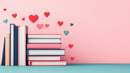 Books stacked with colorful hearts on pastel background