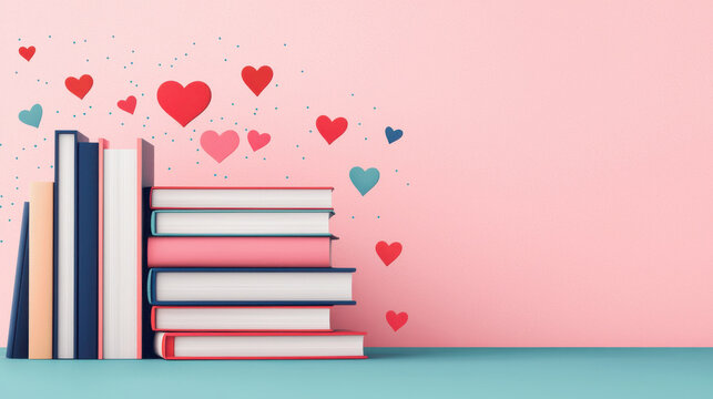 Books stacked with colorful hearts on pastel background