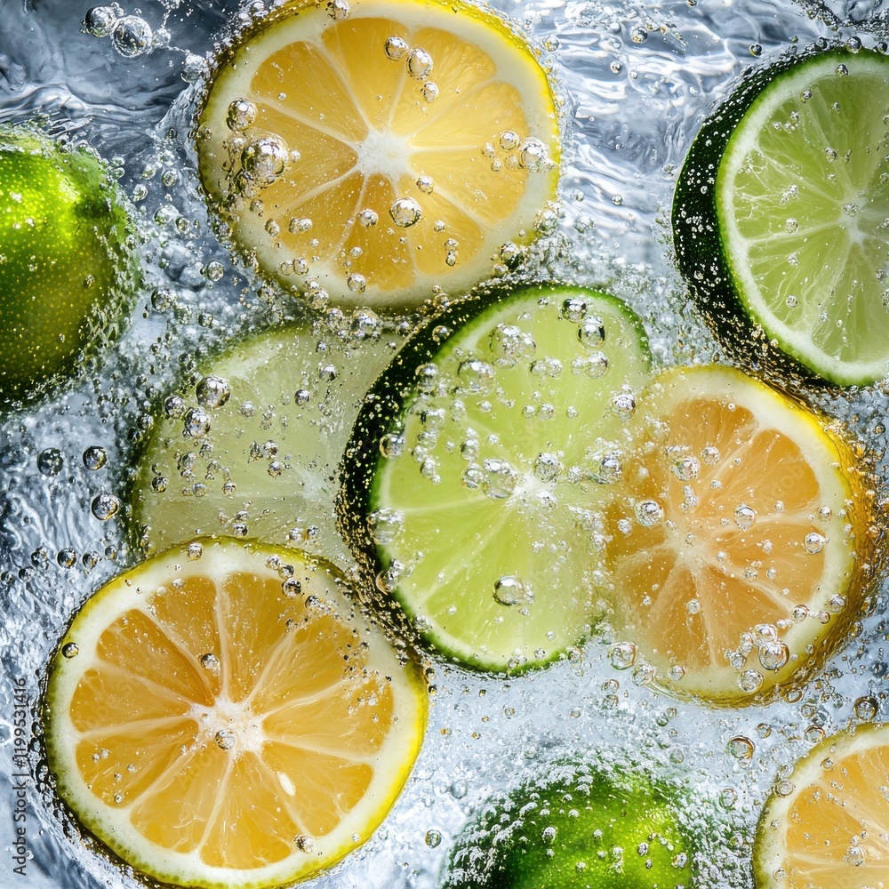 Poster fresh citrus slices of lemon and lime floating in clear water with bubbles on a bright and vibrant b