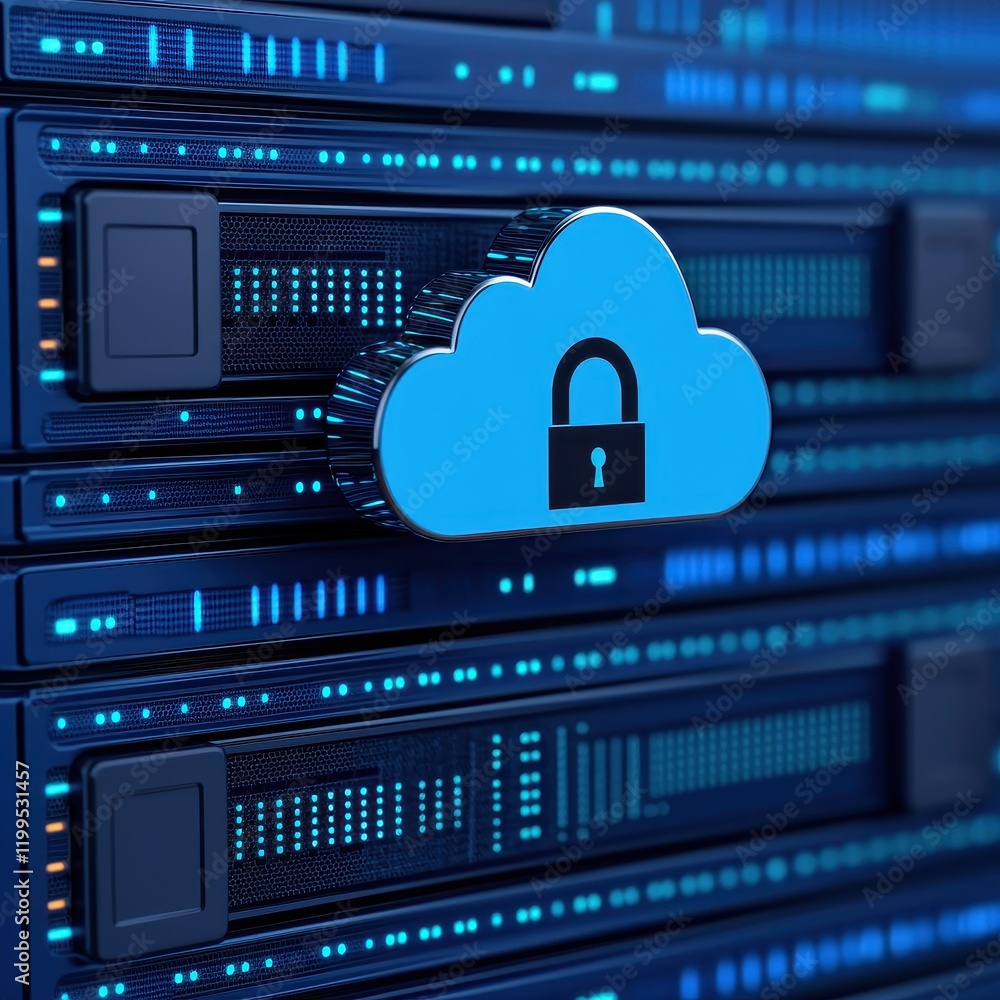 Poster a digital representation of cloud storage secured with a padlock, symbolizing data protection and cy