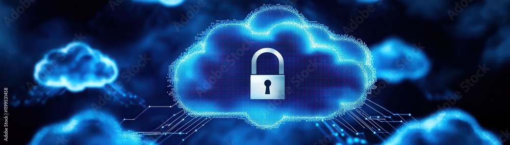 Poster a cloud with a padlock symbolizes secure data storage and protection in the digital landscape.