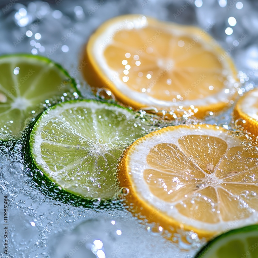 Poster fresh citrus slices of lemon and lime floating in sparkling water with air bubbles creating a refres