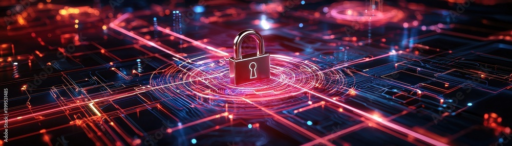 Poster a digital lock symbolizing cybersecurity amidst a network of glowing data connections, representing 