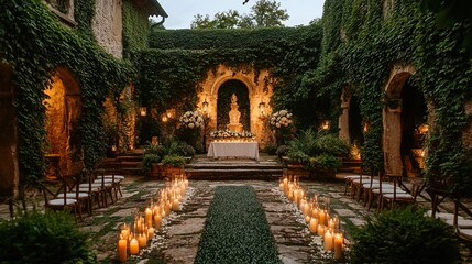 Fototapeta premium traditional wedding setup in a historic garden, featuring a stone altar, ivy-covered walls, and soft candlelight, under twilight skies