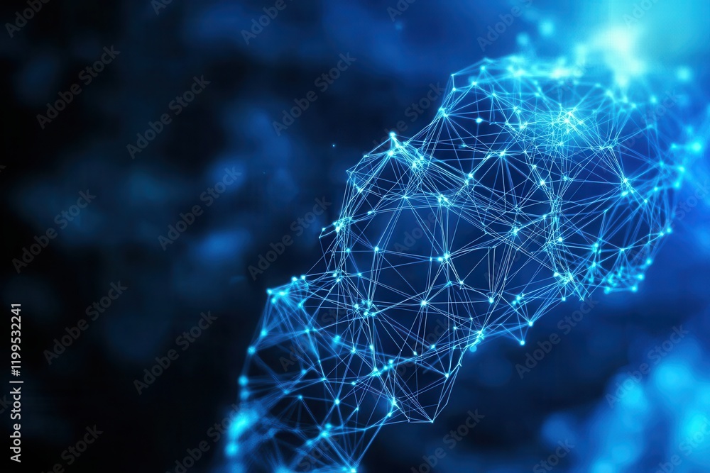 Poster a glowing blue network representation with interconnected nodes, symbolizing technology, data, and d