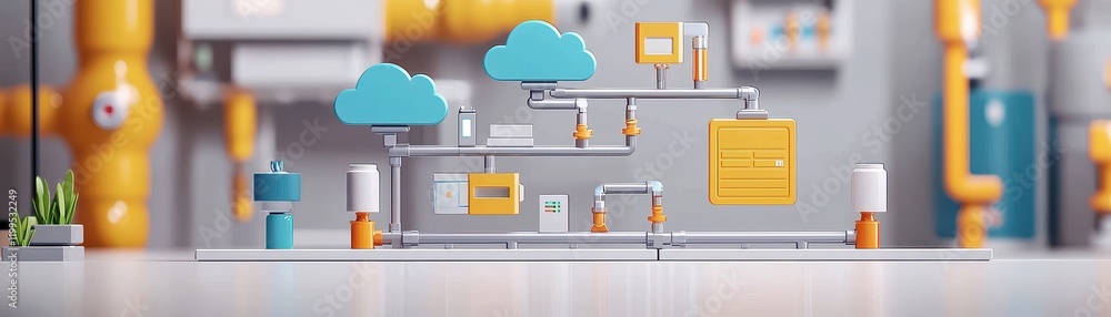 Poster a colorful 3d illustration depicting a data flow system with clouds, pipelines, and digital elements