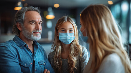 Family conversation in modern cafe with masked individuals during the pandemic. Generative AI