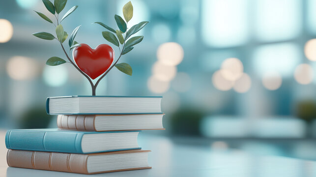 Stack of books with heart shaped plant growing on top symbolizes love for learning