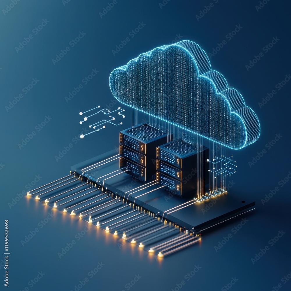 Poster a digital illustration of cloud computing, showcasing interconnected servers and a stylized cloud, s