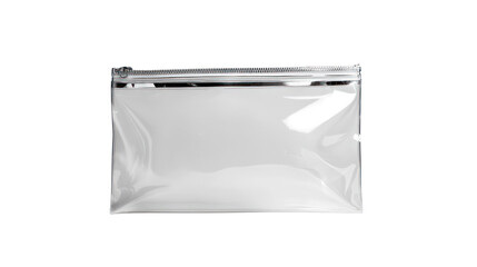 Clear zippered pouch on white isolated background, perfect for organizing small items, stationery, or cosmetics.