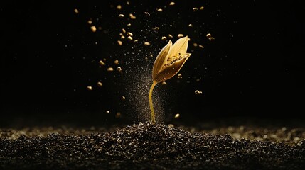 Green leaf floating above soil with tiny particles suspended in the air. Textured surface, dark tones, mysterious, nature symbolism, artistic composition, contrast. Generative AI.
