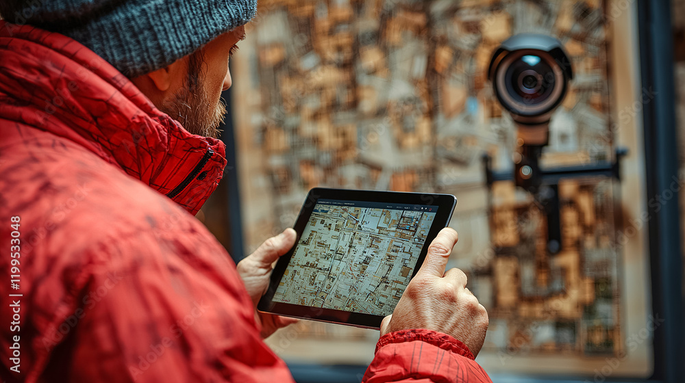 Aufkleber man using a tablet to analyze a map while standing near a camera setup in an indoor environment. gen