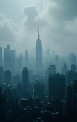 A captivating aerial view of a city shrouded in a thick fog