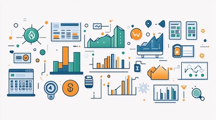 Creative representing technology and financial advisory services, with digital charts, trading icons, and investment symbols for modern solutions