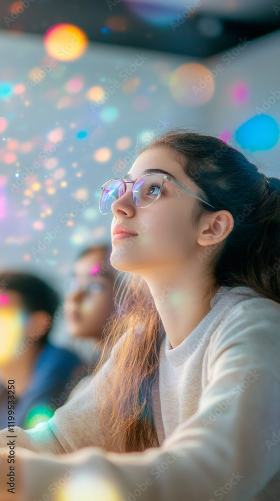 Poster curious student wearing eyeglasses looking up during an interactive lesson with colorful bokeh light