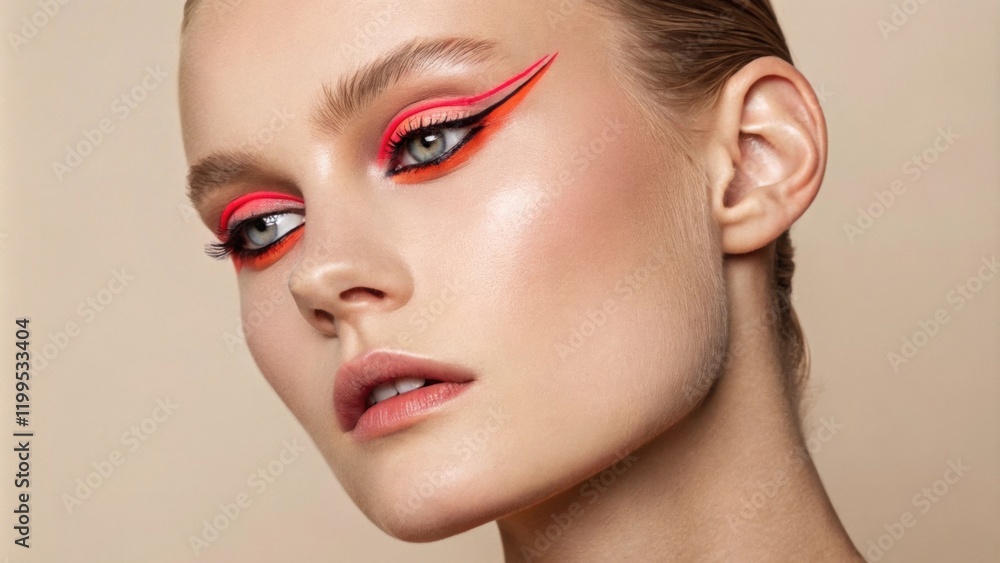 Poster a portrait highlighting neon red eye makeup that runs along the lash line creating a bold graphic lo