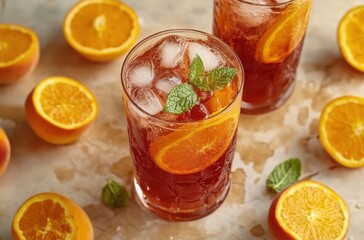 Freshly Made Citrus Drink with Ice, Garnished with Mint Leaves and Surrounded by Juicy Orange Halves on a Natural Stone Surface
