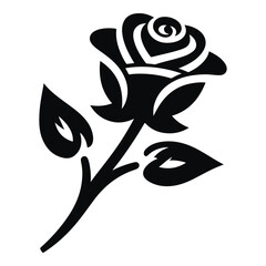 Black and White Silhouette of a Rose with Leaves.