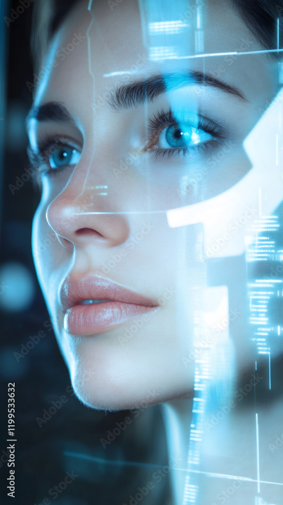 Aufkleber high-tech interface scanning female facial contours, displaying biometric data through augmented rea