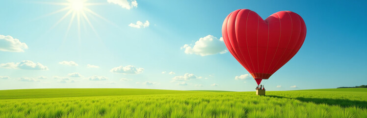 Fototapeta premium A Red Hot Air Balloon Shaped Like A Heart Soars Above A Lush Green Field On A Sunny Day. 00001