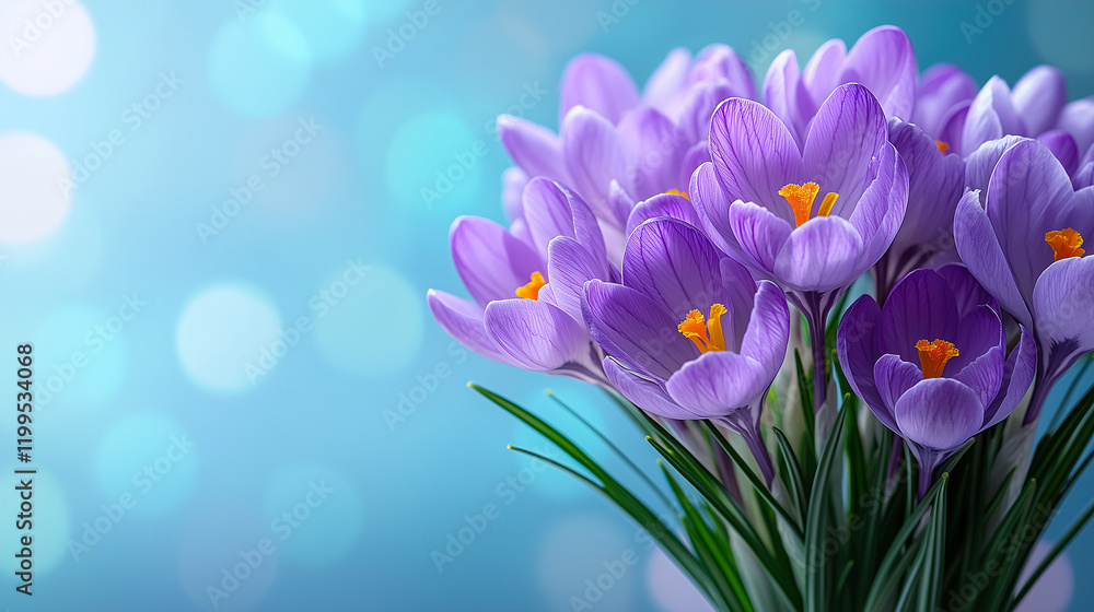 Poster crocus flowers bloom vibrantly under soft blue bokeh background bringing springtime joy and color to