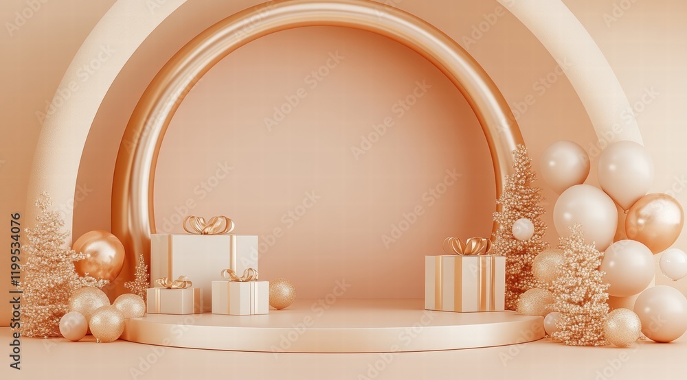 Poster 3d rendering of an empty stage for product presentation, featuring gift boxes and balloons on a pink