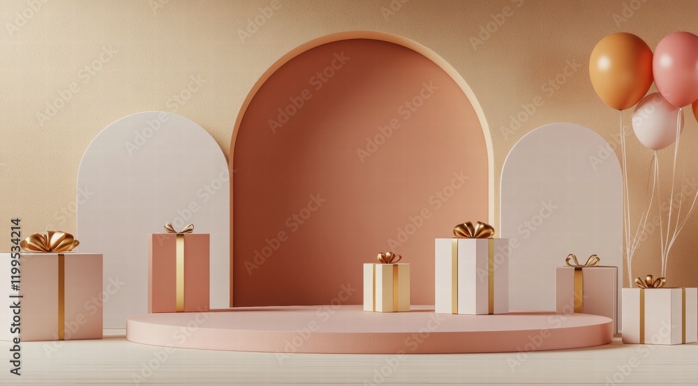 Poster 3d rendering of an empty stage for product presentation, featuring gift boxes and balloons
