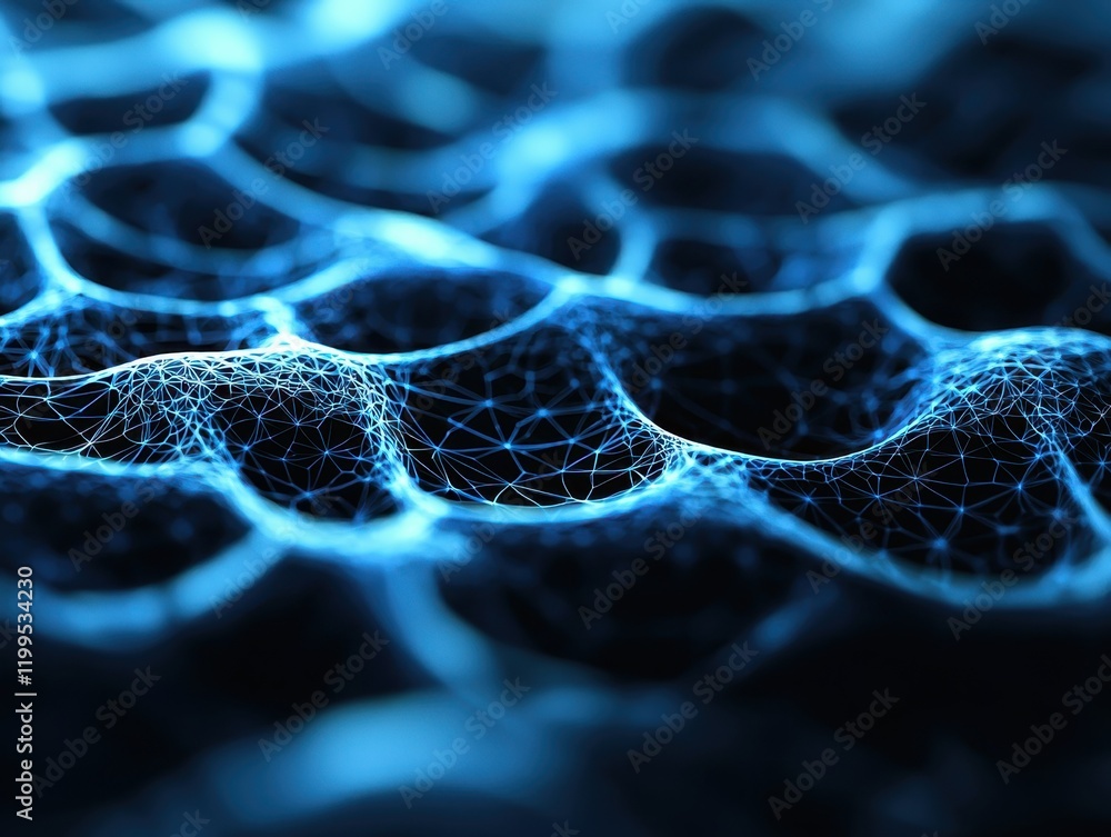 Poster a close-up view of a blue, intricate network resembling a honeycomb structure, showcasing fine detai