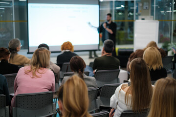 Business presentation with diverse audience in office setting, focusing on learning and networking...