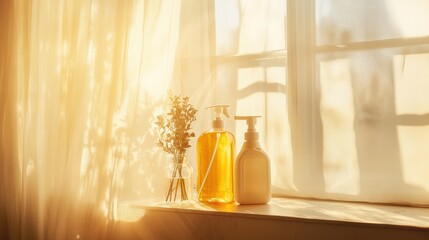 Spring cleaning concept with vintage cleaning supplies, sunlight streaming through sheer curtains