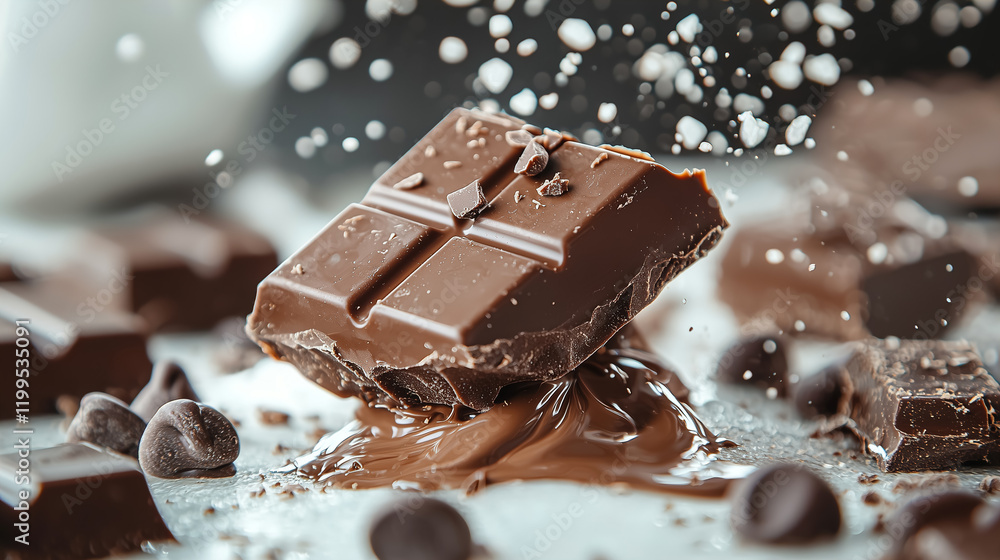 Poster chocolate squares melting on a surface surrounded by chocolate chips and cocoa powder in a bright se