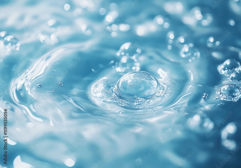 Poster high-definition close-up of water droplets creating ripples on a smooth surface, capturing the seren