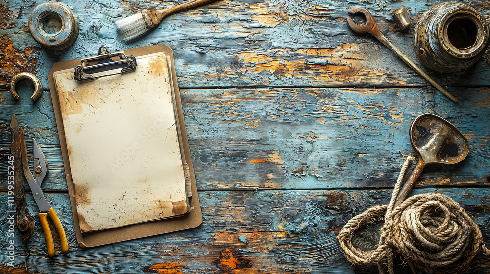 Poster creative workspace filled with tools and materials showcasing a rustic atmosphere of artistry and cr