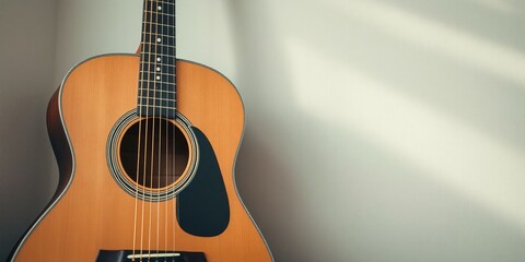 Naklejka premium Acoustic Guitar with Natural Wood Finish and Round Soundhole on Light-Colored Wall