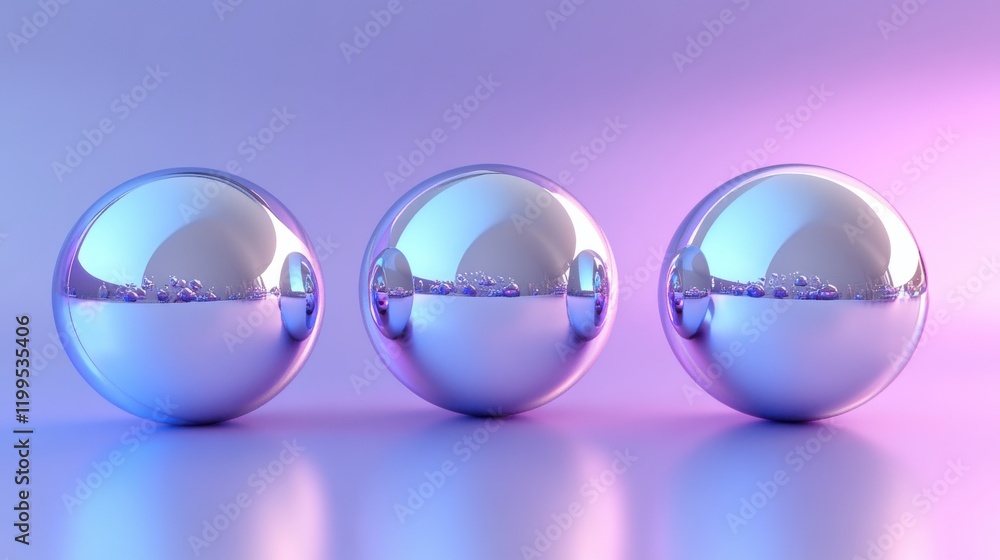 Poster reflective metallic spheres displayed in gradient background with abstract lighting