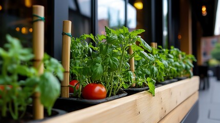 A set of bamboo stakes and twine supporting tomato plants, symbolizing sustainable gardening supplies