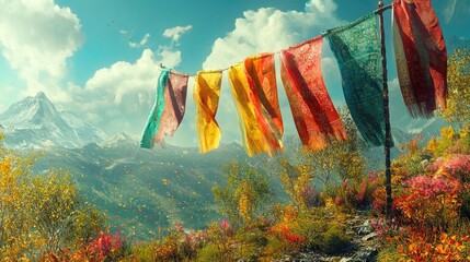 Vibrant prayer flags blowing in the wind against a bright sky near a temple. Symbolic cultural representation, peace, spirituality, traditional heritage, colorful. Generative AI.