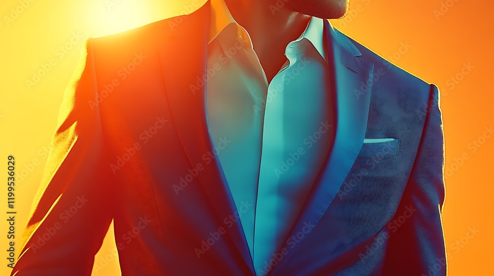 Poster elegant blazer showcased on a yellow gradient backdrop with blank space on the side for design.