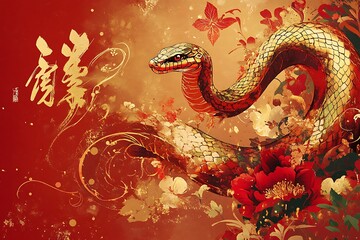 Fototapeta premium 2025 Lunar Year of the Snake Title in Elegant Chinese Zodiac Theme.