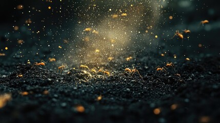 Swarm of ants on soil illuminated by golden light, displaying motion and teamwork. Dynamic composition, natural behavior, cooperative colony, insects in their habitat. Generative AI