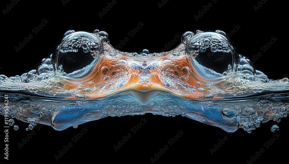 Poster macro image of a frog's face surrounded by bubbles in water, capturing the intricate detail of its e