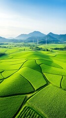 Obraz premium Aerial view of a wind turbine farm on fertile land, blending renewable energy and agriculture investment, ecofriendly concept
